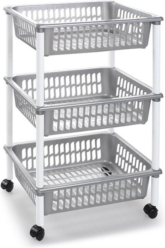 Foto: Opberg trolley roltafel organizer met 3 manden 40 x 30 x 61 5 cm zilver wit etagewagentje karretje met opbergkratten