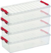 8x Sunware Q-Line opberg boxen/opbergdozen 6,5 liter 48,5 x 19 x 10,5 cm kunststof - Langwerpige/smalle opslagbox - Opbergbak kunststof transparant/rood