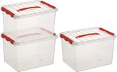 3x Sunware Q-Line opberg boxen/opbergdozen 22 liter 40 x 30 x 26 cm kunststof - opslagbox - Opbergbak kunststof transparant/rood