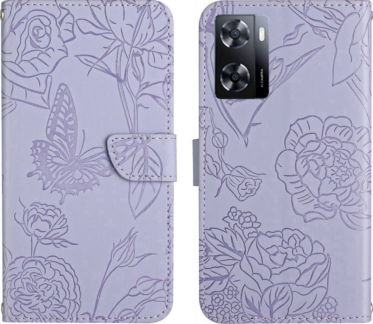 Mobigear Telefoonhoesje geschikt voor Realme Narzo 50 5G Hoesje | Mobigear Butterfly Bookcase Portemonnee | Pasjeshouder voor 3 Pasjes | Telefoonhoesje voor Pinpas / OV Kaart / Rijbewijs - Paars
