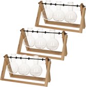 3x stuks stekset van hout 25 x 14 cm met 3 glazen vaasjes 11 x 6 cm - woondecoratie / woonaccessoires