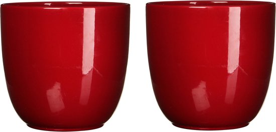 2x pots de fleurs en céramique rouge foncé brillant pour plante d'intérieur H11 x D12 cm - Mica Decorations