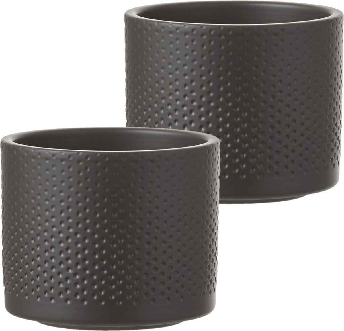 Mica Decorations Bloempot - Set van 4x stuks - antraciet - relief - keramiek - D12 x H10 cm - plantenpotten binnen