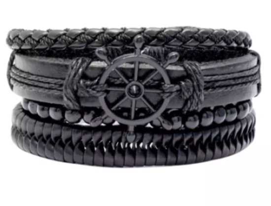 UrbanGoods - Leren Armbanden Set - Matte onyx kralen armband - 4 Laags Armband set - Verstelbaar - Zwart - Leer