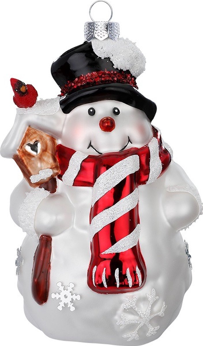 Sneeuwpop met Vogelhuisje & Rood Vogeltje Kersthanger - 12 cm groot