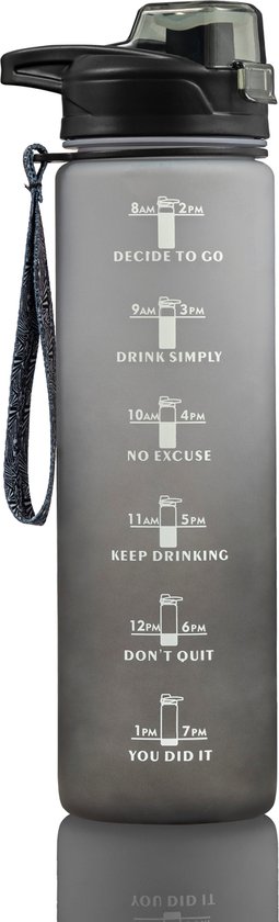 Hup. Motivatie Drinkfles – Waterfles 1 Liter - Drinkfles Met Tijdmarkering - Handige Drinktuit - Bidon 1L - BPA- & Lekvrij