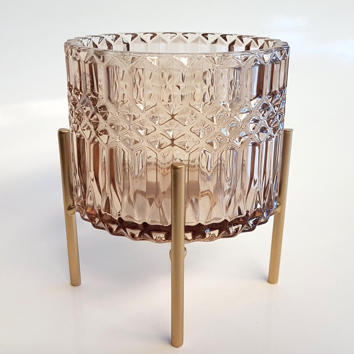 Windlicht / theelichthouder / waxinelichtjeshouder op pootjes - Beige / transparant - 12 x 12 x 13 cm hoog.
