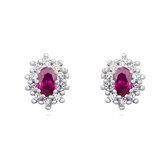 Joy|S - Zilveren elegante ovaal oorbellen - 10 x 8 mm - zirkonia robijn roze - gehodineerd