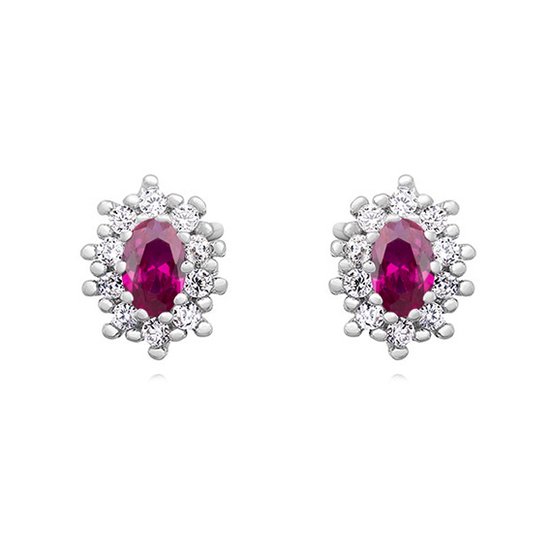 Joy|S - Zilveren elegante ovaal oorbellen - 10 x 8 mm - zirkonia robijn roze - gehodineerd