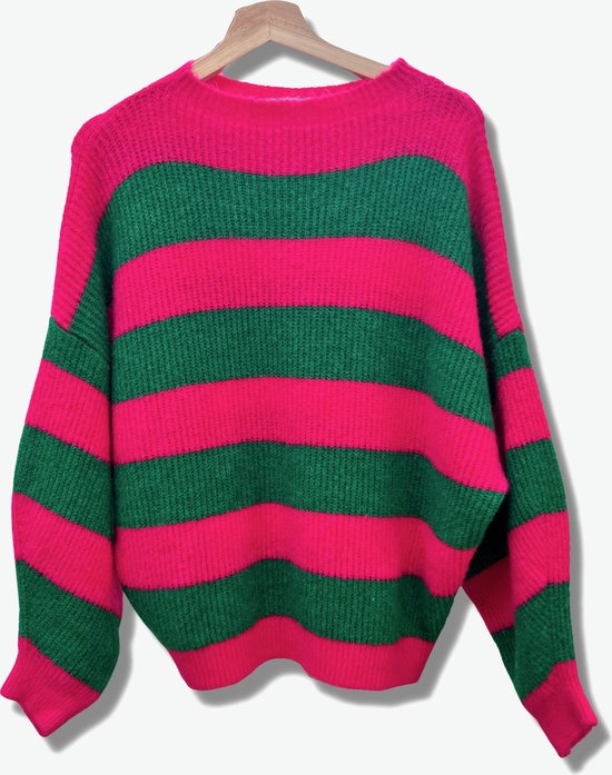 Lundholm Sweater Dames trui roze groen gestreept - gebreide truien dames oversized trui dames knitted scandinavische trui dames | Lundholm Linköping collectie