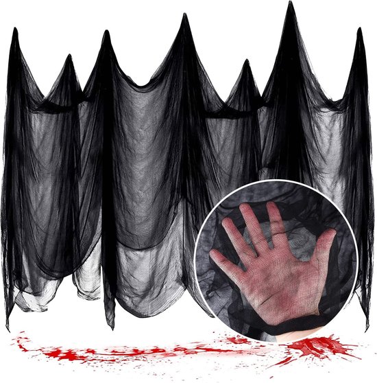 Tissu fantasmagorique Halloween Zwart , 200 x 500 cm, fil de coton noir pour décoration gothique, super grand tissu fantôme pour décoration d'Halloween, table, porte de maison, décoration de fenêtre, décoration de terreur de party d'Halloween