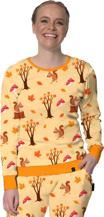 Happy Pyjama's - Herfst dames pyjama - Paddestoelen, eekhoorns en herfstbladeren - Premium zacht katoen - Maat XS (XS-M)