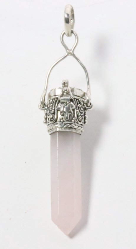 Traditionele zilveren ashanger met rozenkwarts pendel