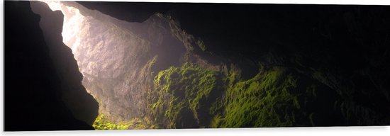 WallClassics - Dibond - Licht Schijnend in Grot op Mos - 120x40 cm Foto op Aluminium (Wanddecoratie van metaal)