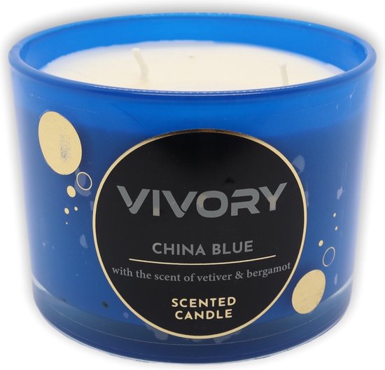 Vivory Luxe Geurkaars 3 pits, met de warme kruidige geur van vetiver & bergamot - uit de China Blue collectie