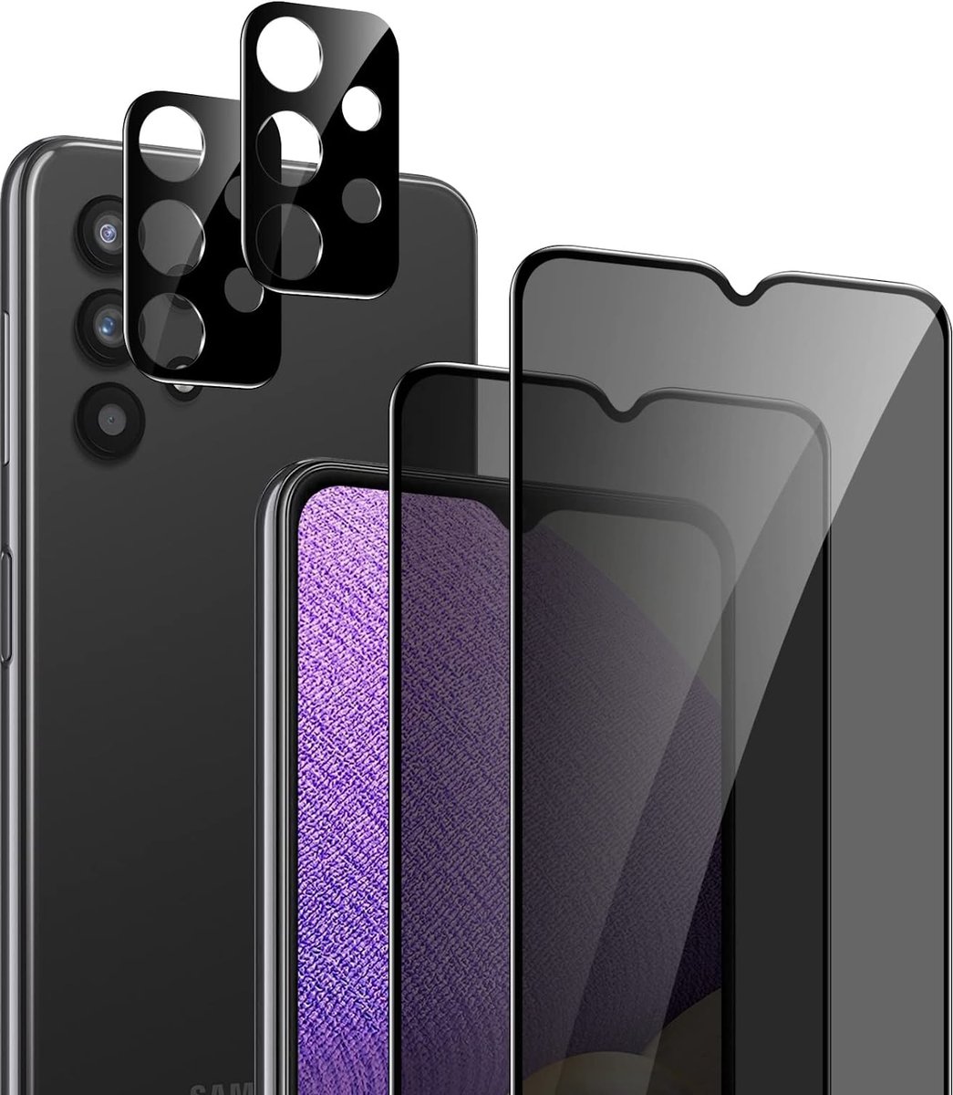 Screenprotector Glas - 2X Privacy Tempered Glass Screen Protector Anti-Spy + 2X Camera lens Beschermer Geschikt voor: Samsung Galaxy A32 5G
