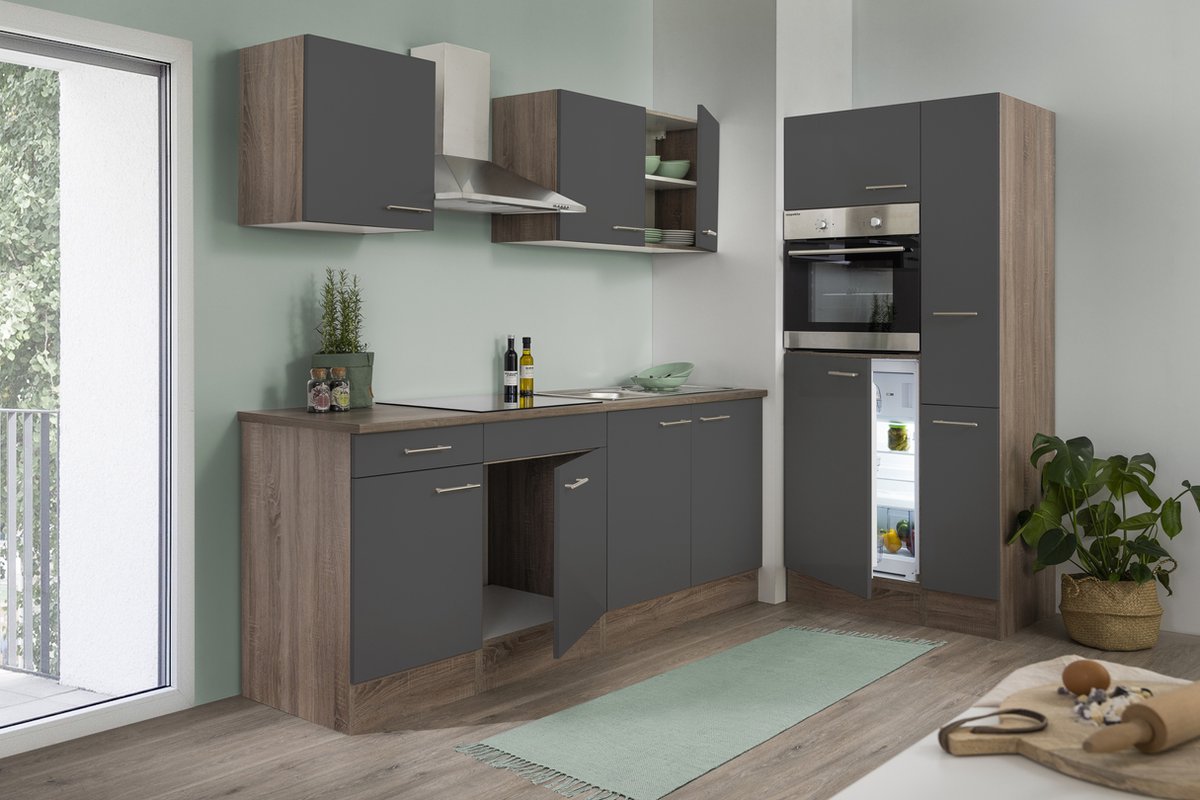 Goedkope keuken 300 cm - complete keuken met apparatuur Oliver - Donker eiken/Grijs - keramische kookplaat - afzuigkap - oven - spoelbak
