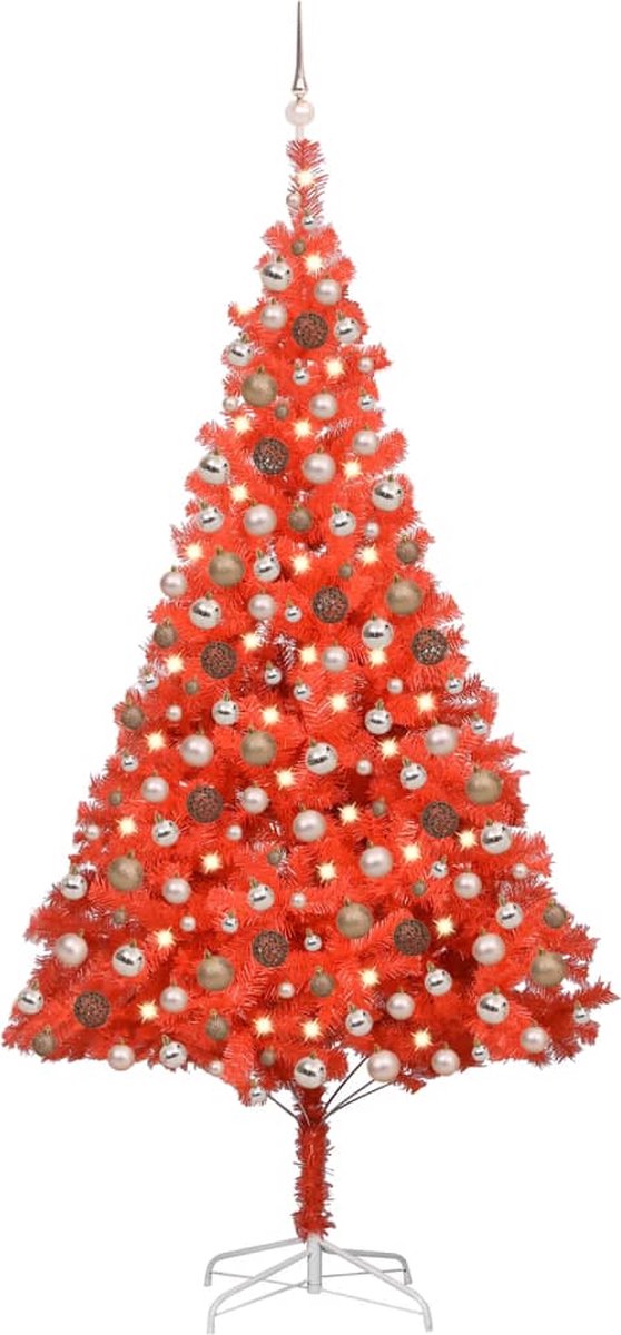 Prolenta Premium - Kunstkerstboom met LED's en kerstballen 210 cm PVC rood
