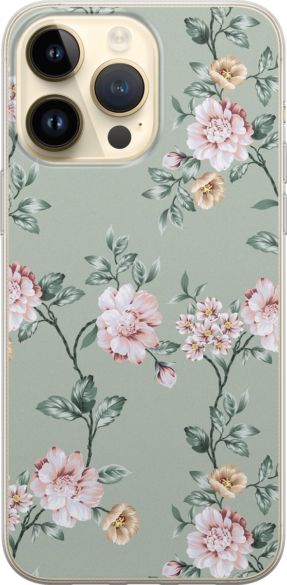 Leuke Telefoonhoesjes - Hoesje geschikt voor iPhone 14 Pro Max - Bloemetjes - Soft case - TPU - Bloemen - Groen