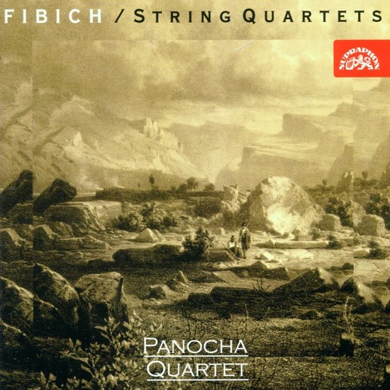 Cd-hoes met een schilderij van een berglandschap met twee figuren en het Panocha Quartet.