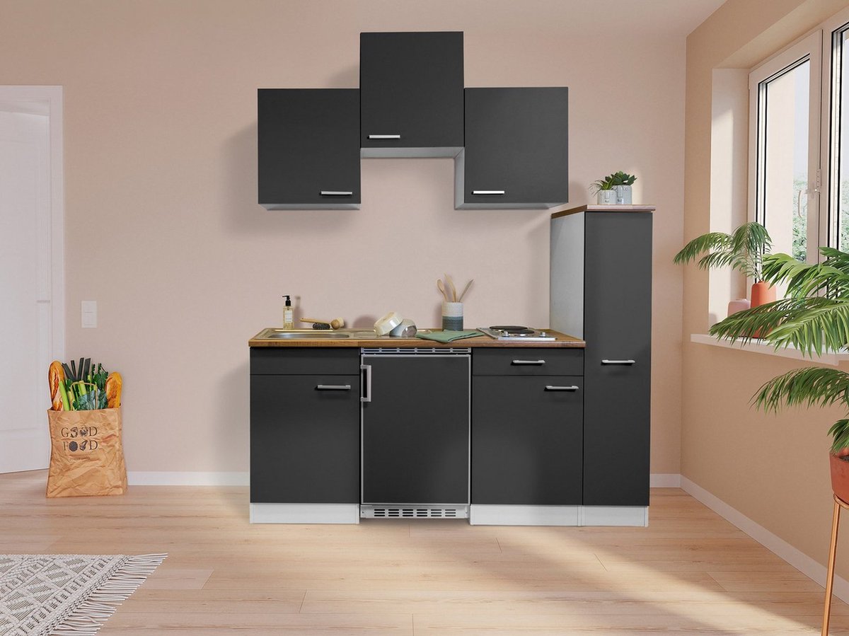 Goedkope keuken 180 cm - complete kleine keuken met apparatuur Luis - Wit/Grijs - keramische kookplaat - koelkast - mini keuken - compacte keuken - keukenblok met apparatuur