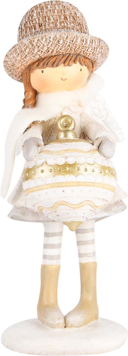 Meisje met kerstbal - Wit / creme / beige / goud - 7 x 9 x 18 cm hoog.