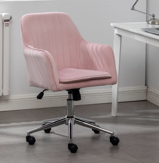 WOHNLING Bureaustoel Roze Fluweel Design Draaistoel met Rugleuning, Kuipstoel 120 kg Hoogteverstelbaar, Werkstoel zonder Wielen, Stoel Bureau Home-Office Draaibaar
