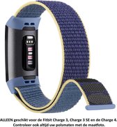 Blauw Gele Nylon Horloge Band geschikt voor de Fitbit Charge 3, Fitbit Charge 3 SE en Fitbit Charge 4. Dit blauw gele polsbandje is gemaakt van hoogwaardig nylon.