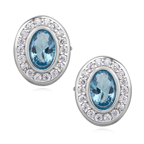 Joy|S - Zilveren chique ovale oorbellen - 11 x 9 mm - zirkonia aqua marine blauw - gehodineerd