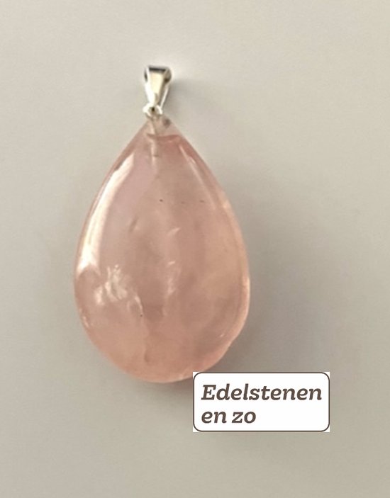 Rozenkwarts druppelhanger met zilverkleurig oogje.