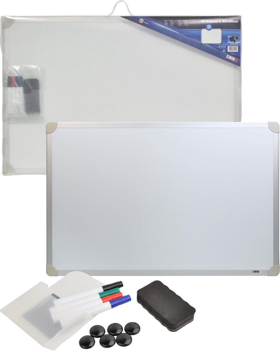 DESQ® Magnetisch Whiteboard set |60x90 cm | incl. 4 stiften, wisser en bakje | Incl. draagkoffer