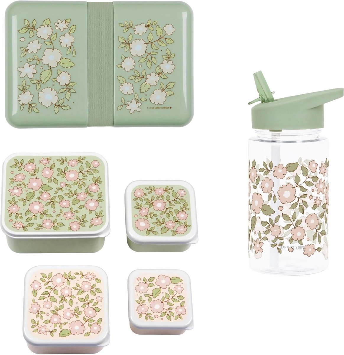 A Little Lovely Company Back to school set - Drinkfles / 4 Snackdozen / Lunchbox - Bloesems saliegroen