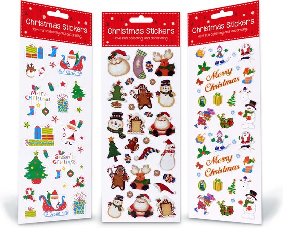 Kerst stickers vellen voor kaarten – 3 stickervellen – Cadeautjes – Kerstman – 75 kerststickers