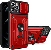 Geschikt voor iPhone 12 Pro Max hoesje met pashouder - camera bescherming cover en ring houder – Rood – oTronica