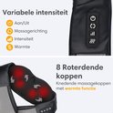 Detail van het nek- en schoudermassageapparaat met bedieningsknoppen voor aan/uit, richting, intensiteit en warmte.