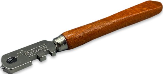 Glassnijder met houten handvat, op zwarte achtergrond.
