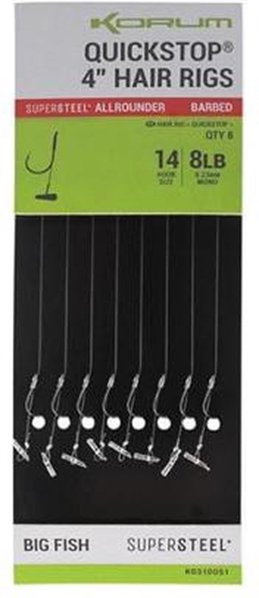 Korum Big Fish Supersteel Allrounder Quickstop 4” Hair Rigs Barbless (8pcs) - Maat : haak 8 - 0.30mm