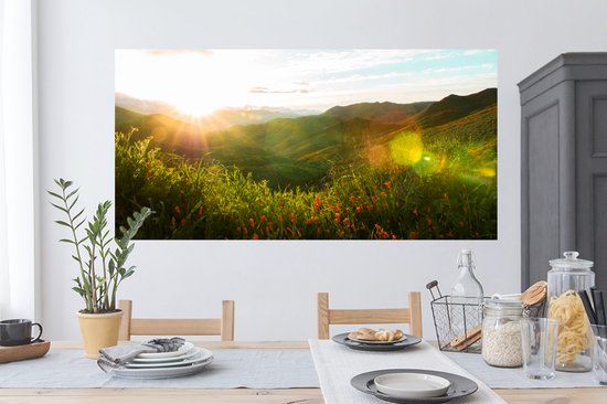 Stickers muraux - Film autocollant - Collines - Coucher de soleil - Herbe - Vert - 120x60 cm - Film adhésif - Stickers muraux muraux Chambre d'enfant - Papier peint autocollant - Papier peint autocollant - Film autocollant