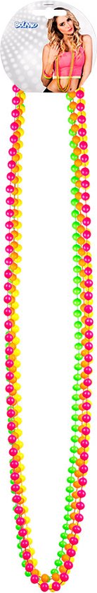 Ketting van roze en gele neonparels, in verpakking met model.