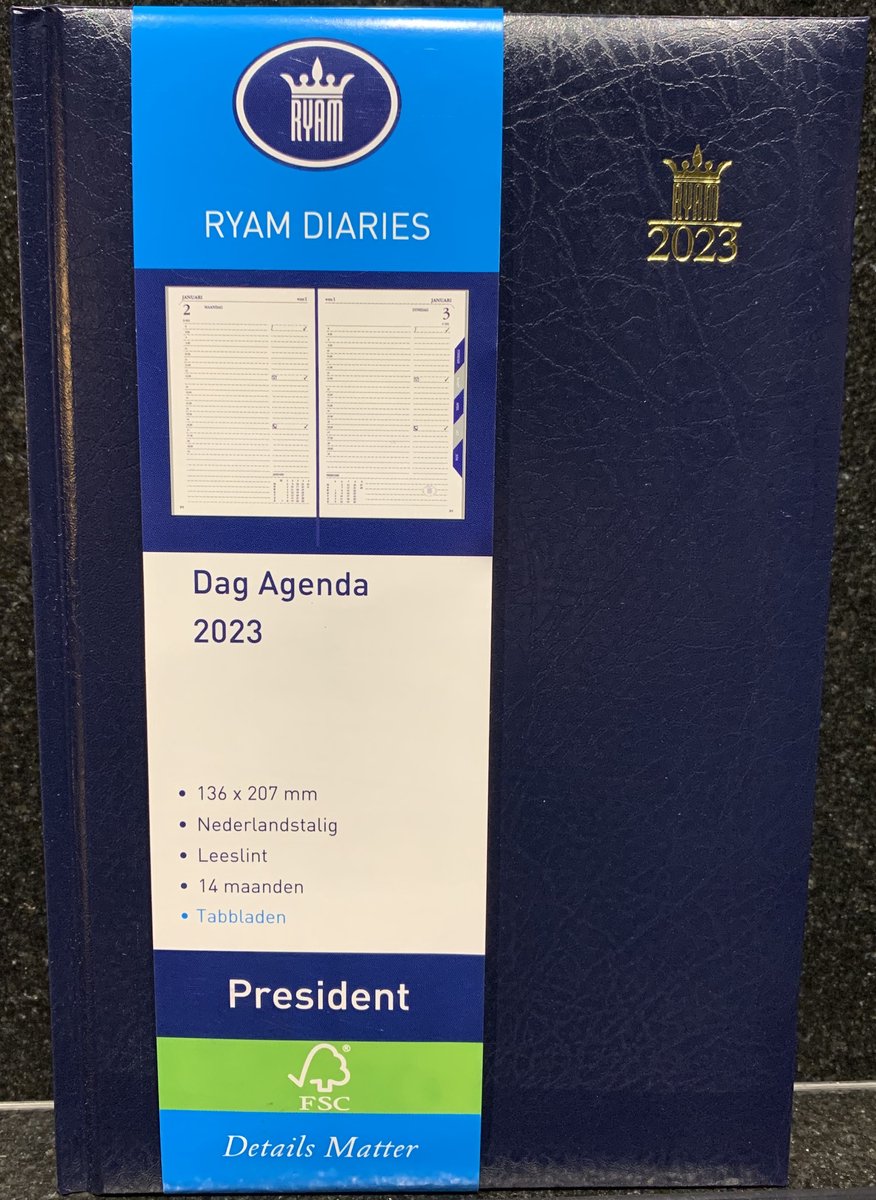 Ryam Bureau Agenda 2023 - President BLAUW 1 dag per pagina (13.6cm x 20.7cm)
