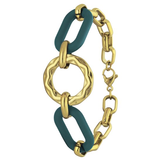 Lucardi Dames Stalen goldplated armband met blauwe schakels - Armband - Staal - Goudkleurig - 20 cm