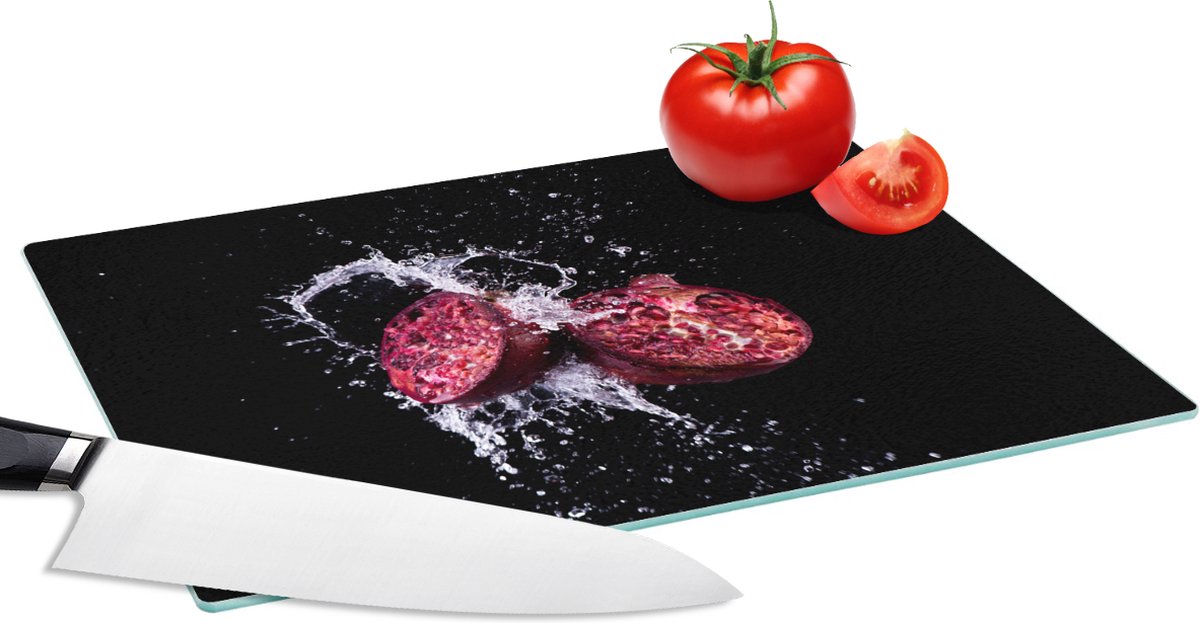 Glazen Snijplank - 28x20 - Granaatappel - Fruit - Water - Zwart - Paars - Snijplanken Glas