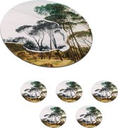 Onderzetters voor glazen - Rond - Italiaans landschap parasoldennen - Kunst - Hendrik Voogd - Schilderij - Zwart wit - Oude meesters - 10x10 cm - Glasonderzetters - 6 stuks