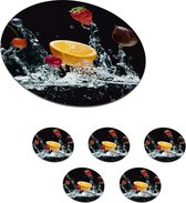 Onderzetters voor glazen - Rond - Water - Fruit - Sinaasappel - Aardbei - Kers - Zwart - 10x10 cm - Glasonderzetters - 6 stuks