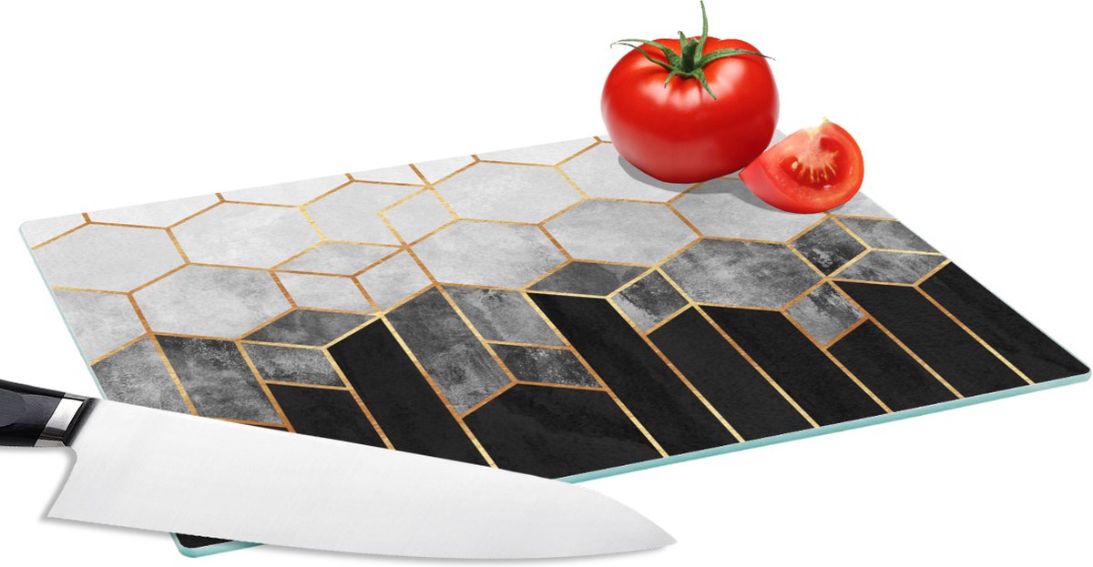 Glazen Snijplank - 28x20 - Goud - Hexagon - Chic - Patronen - Luxe - Snijplanken Glas