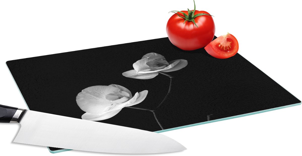 Glazen Snijplank - 28x20 - Orchidee - Bloemen - Zwart - Wit - Stilleven - Snijplanken Glas