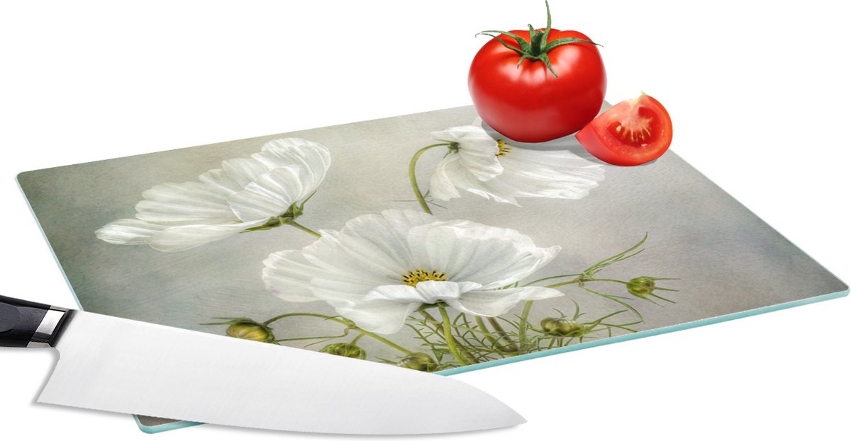 Glazen Snijplank - 28x20 - Bloemen - Stilleven - Klaproos - Wit - Botanisch - Snijplanken Glas