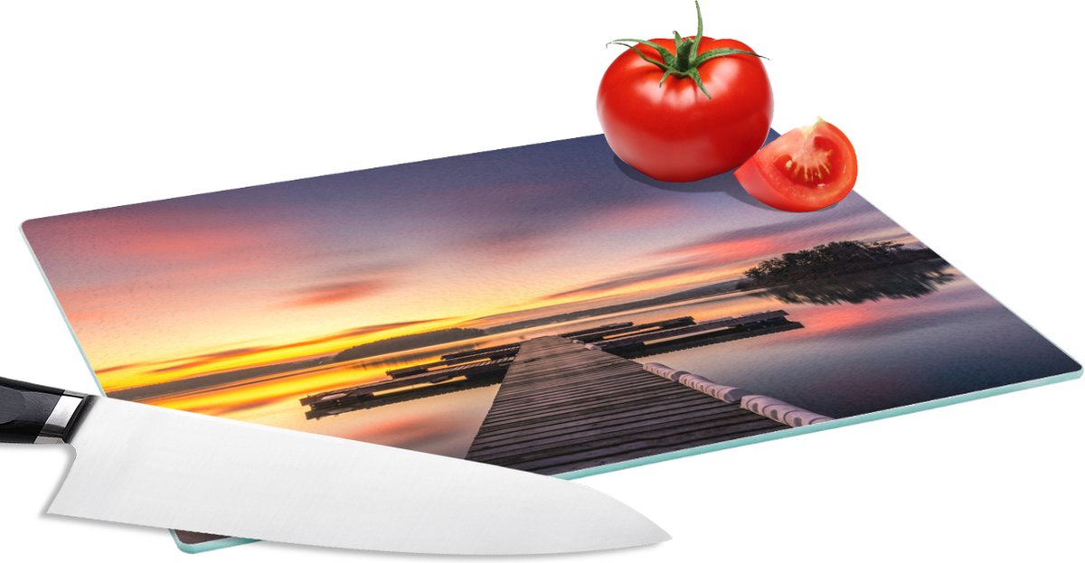 Glazen Snijplank - 28x20 - Steiger - Zonsondergang - Water - Zee - Reflectie - Snijplanken Glas