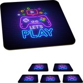 Onderzetters voor glazen - Gaming - Neon - Let's Play - Controller - Quotes - 10x10 cm - Glasonderzetters - 6 stuks