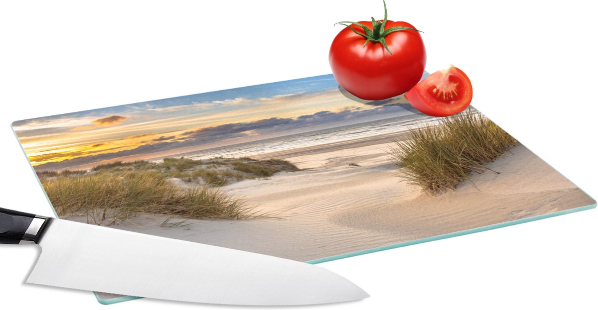 Glazen Snijplank - 28x20 - Strand - Duin - Gras - Zonsondergang - Zee - Snijplanken Glas